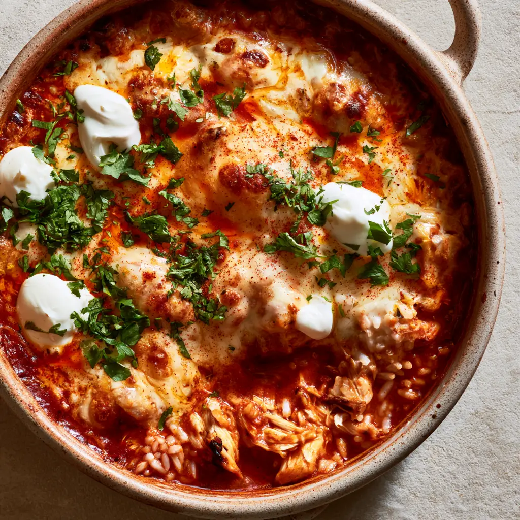 Chicken enchilada rice casserole: The Easiest Cheesy Weeknight Dinner 1 Close-up of the individual grains of white rice soaked in red enchilada sauce with dollops of sour cream and chili powder dusting.