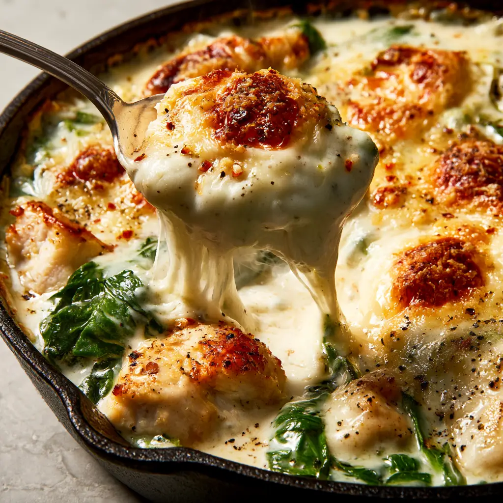 Spinach Chicken Casserole Recipe with Garlic Parmesan Cream 1 A bubbling cast iron skillet filled with Spinach Chicken Casserole topped with melted mozzarella and toasted bubbles.