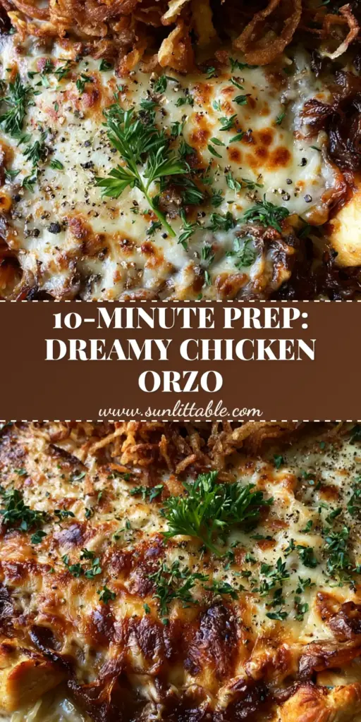 French Onion Chicken Orzo Casserole with Balsamic Caramelized Onions 3 A rustic cast iron skillet filled with French Onion Chicken Orzo Casserole, featuring a mountain of crispy fried onions and bubbly toasted Gruyere cheese.