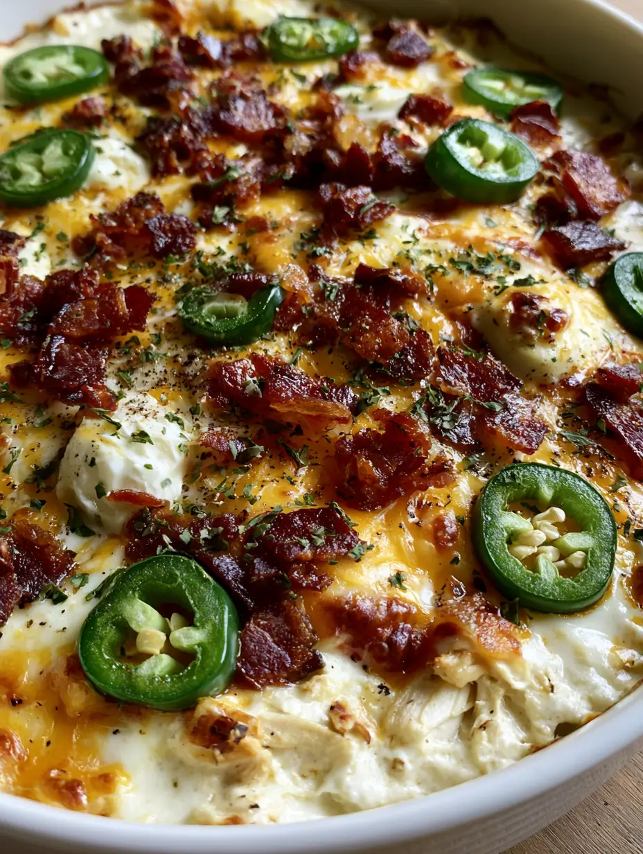 Jalapeño Popper Chicken Casserole: The Ultimate Cheesy Comfort Food 3 Close-up high-angle shot of Jalapeño Popper Chicken Casserole featuring thick-cut bacon, fresh jalapeño rounds, and cracked black pepper.