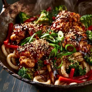 Detailed shot of seared chicken thigh chunks and thick udon noodles coated in dark amber teriyaki glaze. (Chicken Teriyaki Noodles)