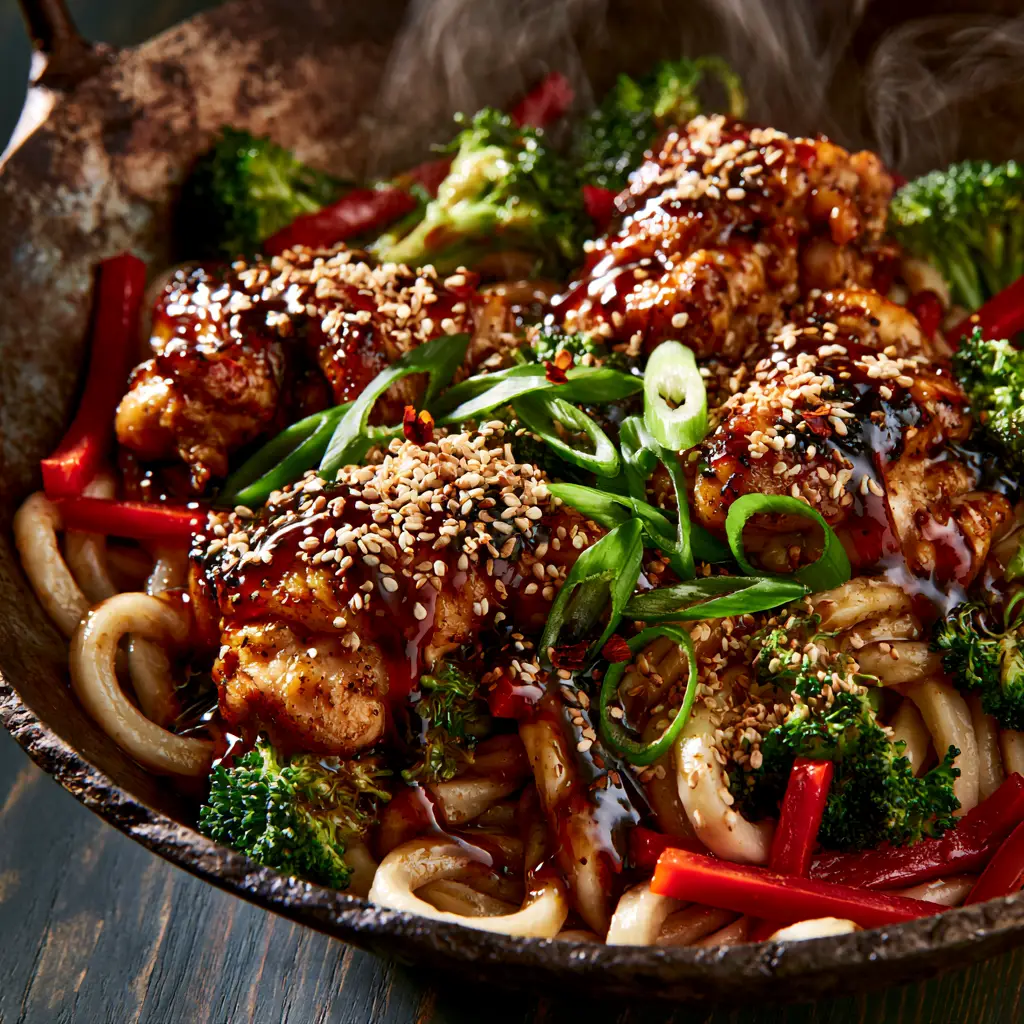 Chicken Teriyaki Noodles: The Ultimate Better-Than-Takeout Udon Stir Fry 2 Detailed shot of seared chicken thigh chunks and thick udon noodles coated in dark amber teriyaki glaze. (Chicken Teriyaki Noodles)