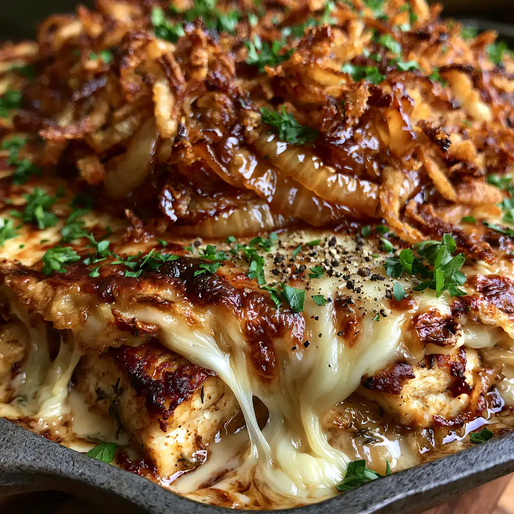 French Chicken Casserole with Caramelized Onions and Gruyere 1 Top view of French Chicken Casserole topped with jammy caramelized onions, crispy straws, and fresh parsley.