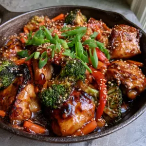 Close up of seared golden-brown chicken thighs in a thick mahogany sauce. (chicken stir fry recipe)