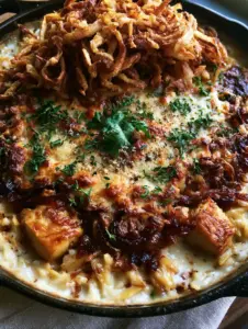 Top-down macro shot of French Onion Chicken Orzo Casserole with ivory sauce, seared chicken breast, and mahogany balsamic onions.