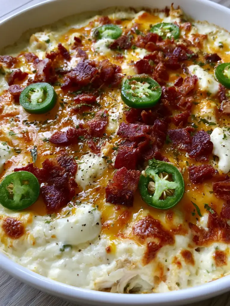Jalapeño Popper Chicken Casserole: The Ultimate Cheesy Comfort Food 1 Side view of a creamy chicken casserole with visible layers of shredded chicken, white sauce, and melted cheddar cheese.