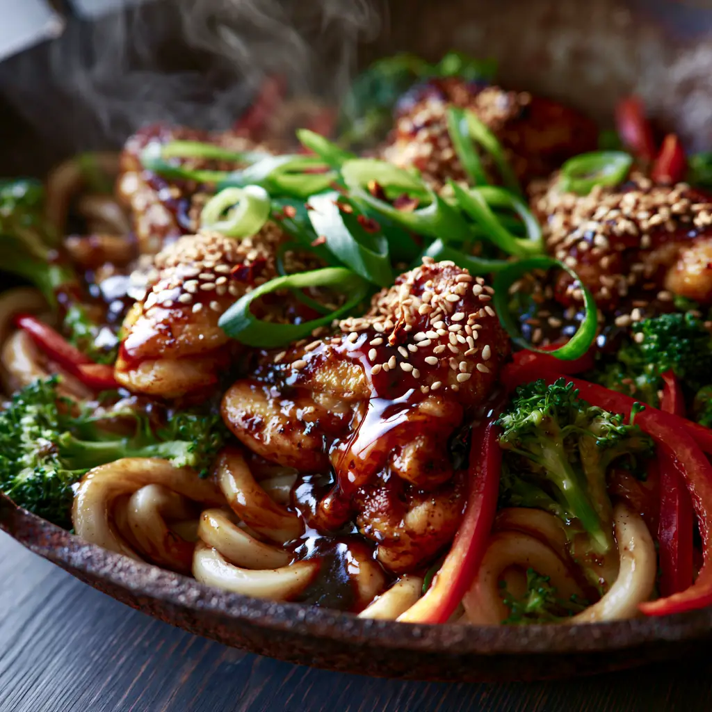 Chicken Teriyaki Noodles: The Ultimate Better-Than-Takeout Udon Stir Fry 1 A rustic dark carbon steel wok filled with steaming Chicken Teriyaki Noodles garnished with sesame seeds and scallions.