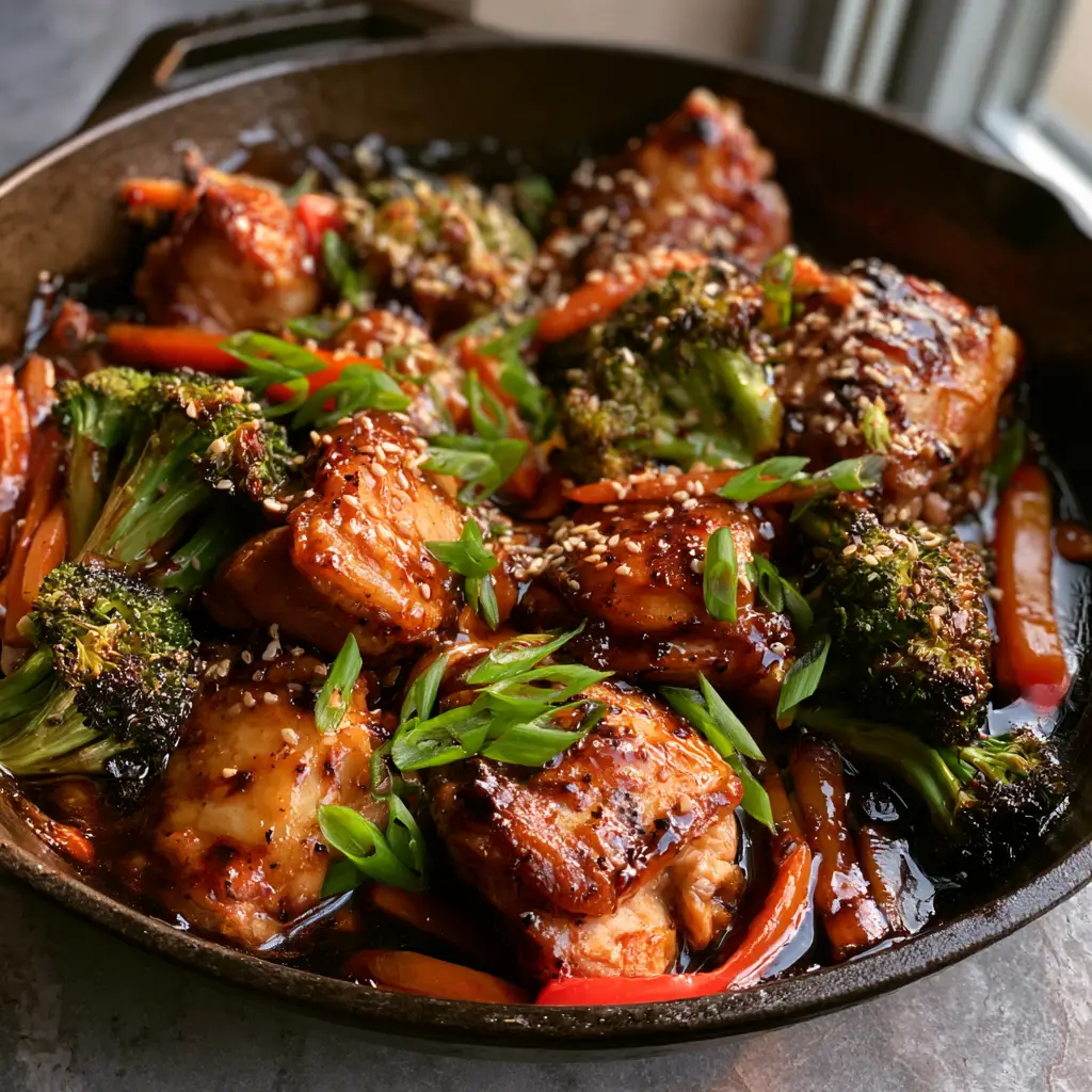 Chicken Stir Fry Recipe: The Ultimate Glossy Mahogany Stir Fry 1 A cast iron skillet filled with chicken stir fry garnished with sesame seeds and green onions.