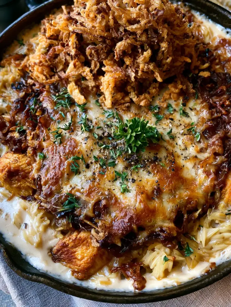 French Onion Chicken Orzo Casserole with Balsamic Caramelized Onions 1 Close up of melted bubbly Gruyere cheese with toasted lace edges on a skillet of French Onion Chicken Orzo Casserole.