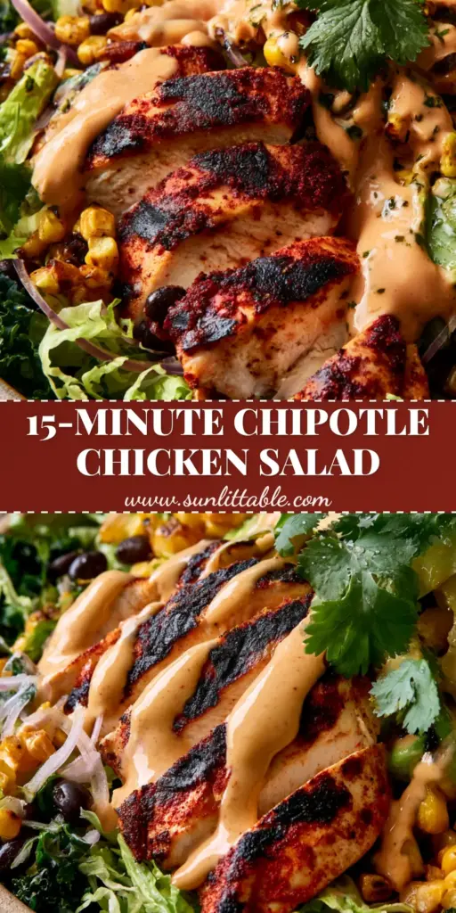 A vibrant Chipotle Chicken Salad in a rustic bowl featuring charred chicken, avocado wedges, and a creamy orange dressing drizzle.