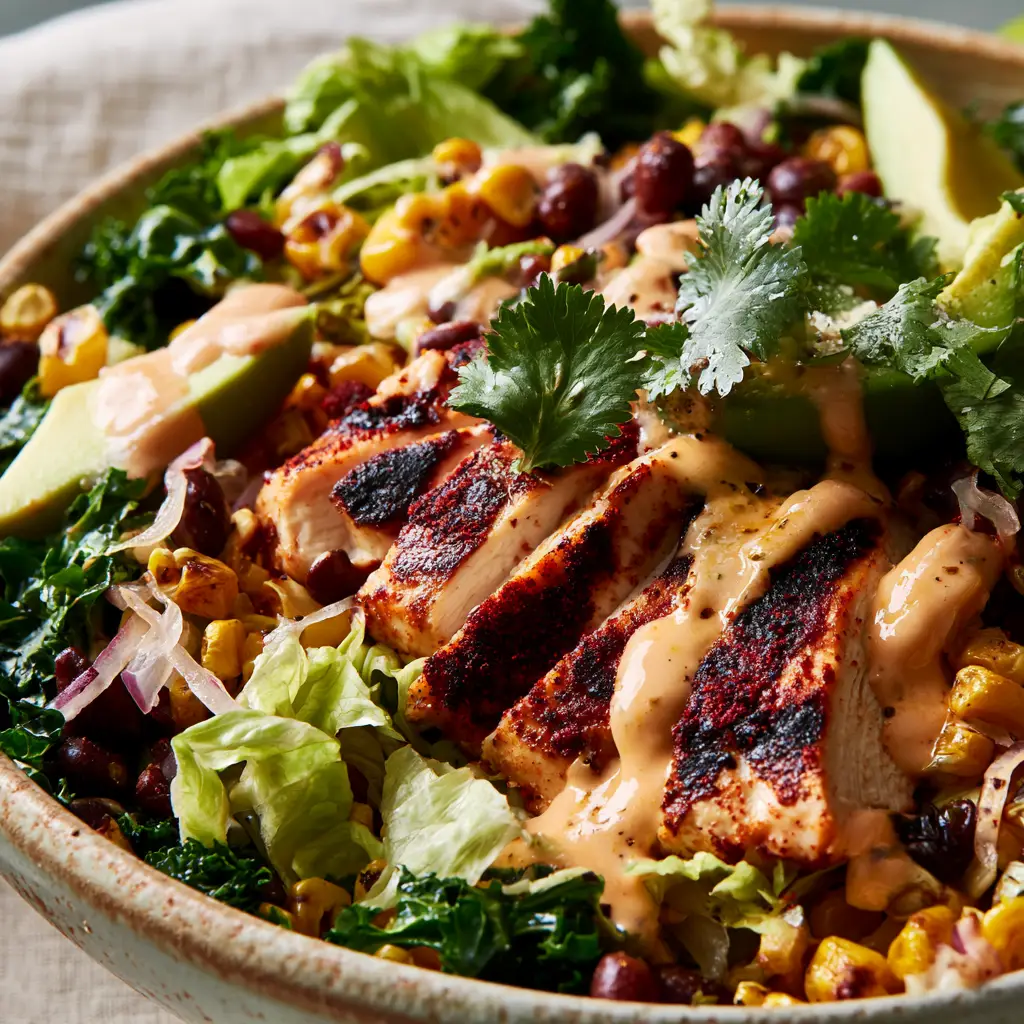 Close-up of seared chipotle chicken breast slices with dark charred marks and smoky red spices. (Chipotle Chicken Salad)