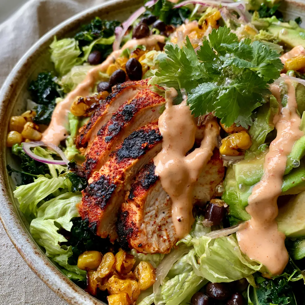 Jagged ribbons of romaine and kale topped with fire-roasted corn and creamy avocado wedges. (Chipotle Chicken Salad)