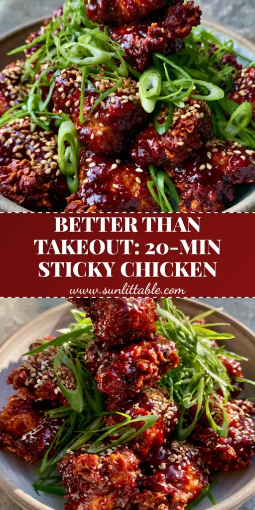 Sticky Korean Chicken: The Ultimate Crispy Air Fryer Recipe 4 A shallow ceramic bowl filled with Sticky Korean Chicken, featuring a thick deep-red glossy glaze, toasted white sesame seeds, and sliced green scallions.