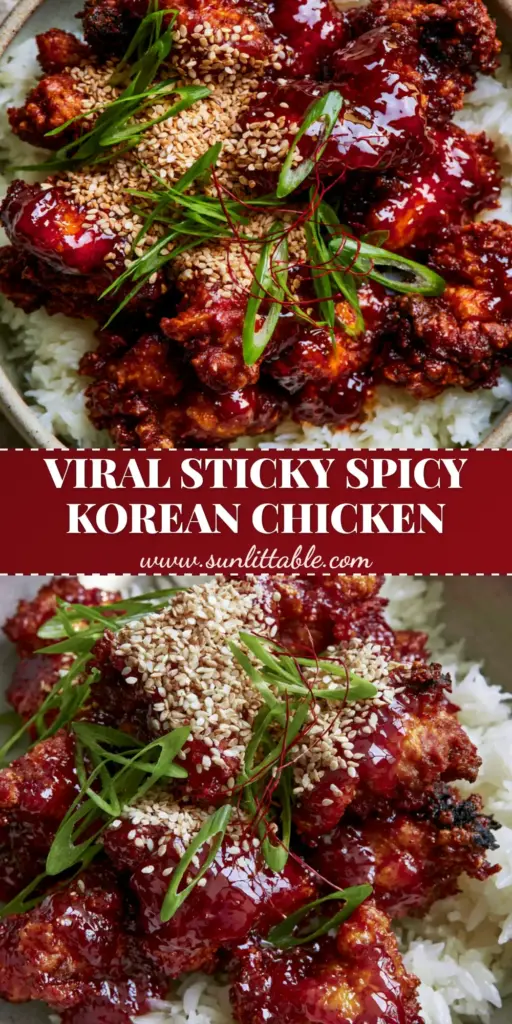 Spicy Korean Chicken: Crispy Air-Fried Gochujang Perfection 3 A top-down view of glistening Spicy Korean Chicken piled on jasmine rice with red chili threads and sesame seeds.