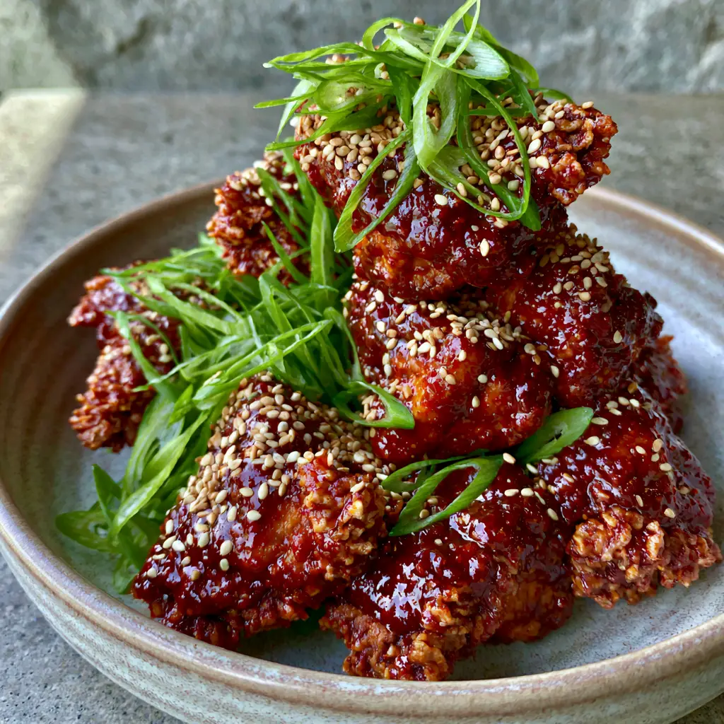 Sticky Korean Chicken: The Ultimate Crispy Air Fryer Recipe 2 Close-up of crispy breaded Sticky Korean Chicken bites in a deep-red glossy gochujang sauce.