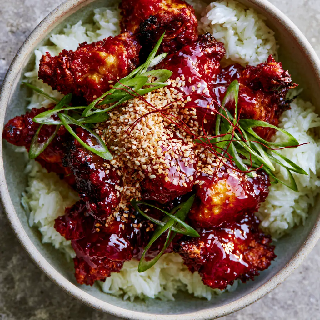 Spicy Korean Chicken: Crispy Air-Fried Gochujang Perfection 2 Close-up of crispy Spicy Korean Chicken pieces with a reflective deep-red Gochujang glaze.