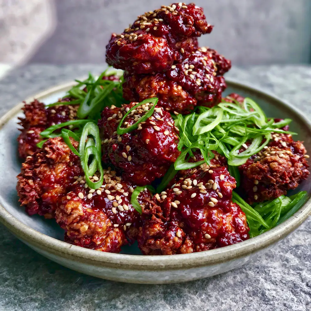 Sticky Korean Chicken: The Ultimate Crispy Air Fryer Recipe 1 A handheld photo of Sticky Korean Chicken garnished with fresh scallions and sesame seeds on a grey stone surface.