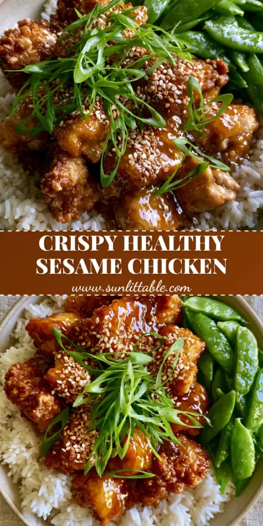 Sesame chicken recipe: Crispy Air-Fried Honey Garlic Perfection 3 A top-down view of a Sesame chicken recipe served in a ceramic bowl with crispy chicken, honey-garlic glaze, jasmine rice, and snap peas.
