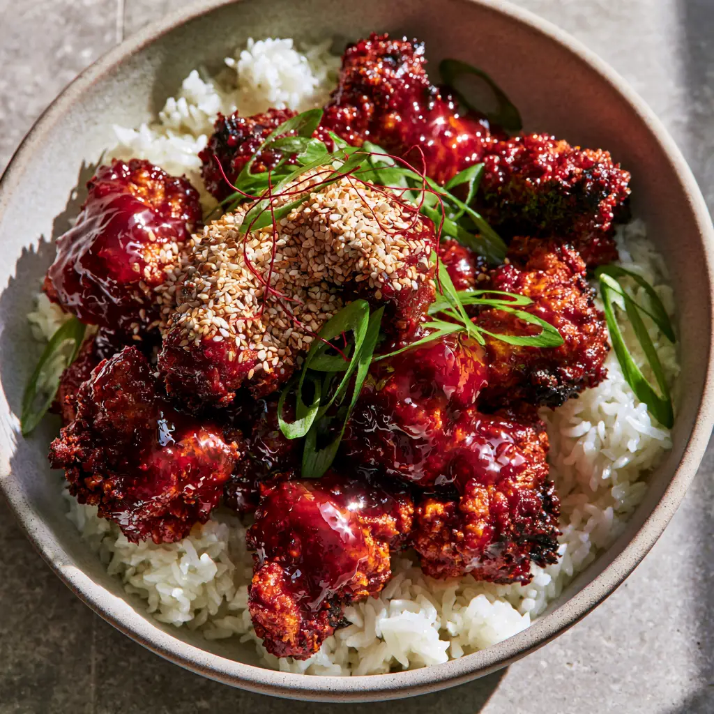 Spicy Korean Chicken: Crispy Air-Fried Gochujang Perfection 1 Bite-sized Spicy Korean Chicken resting on fluffy jasmine rice garnished with scallions.