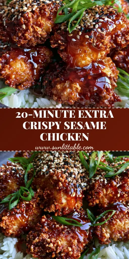 Crispy Asian Sesame Chicken: The Best Air Fryer Takeout Recipe 4 A tall Pinterest pin showing a close-up of Crispy Asian Sesame Chicken with thick mahogany sauce, sesame seeds, and scallions in a dark bowl.
