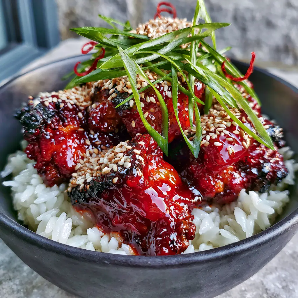 Sticky Honey Gochujang Chicken: The Ultimate 30-Minute Dinner 2 Macro view of Sticky Honey Gochujang Chicken showing deep charred edges and vibrant crimson-red sauce texture.