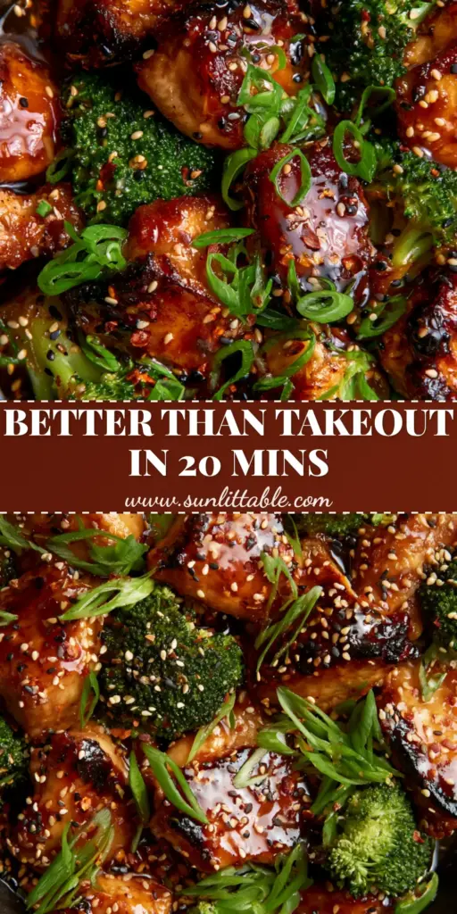 Overhead flat lay of Sesame Chicken and Broccoli in a cast iron skillet featuring glossy mahogany chicken and bright green broccoli florets garnished with sesame seeds.