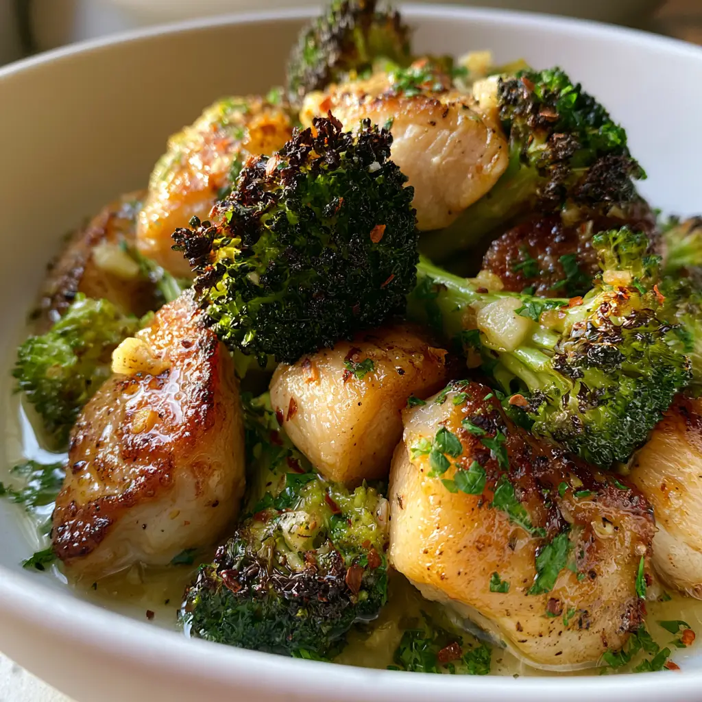 Air Fryer Chicken Bites and Broccoli with Garlic Butter 2 Extreme close-up of Air Fryer Chicken Bites and Broccoli showing crispy seared edges and vibrant green broccoli with dark charred tips. (Air Fryer Chicken Bites and Broccoli)