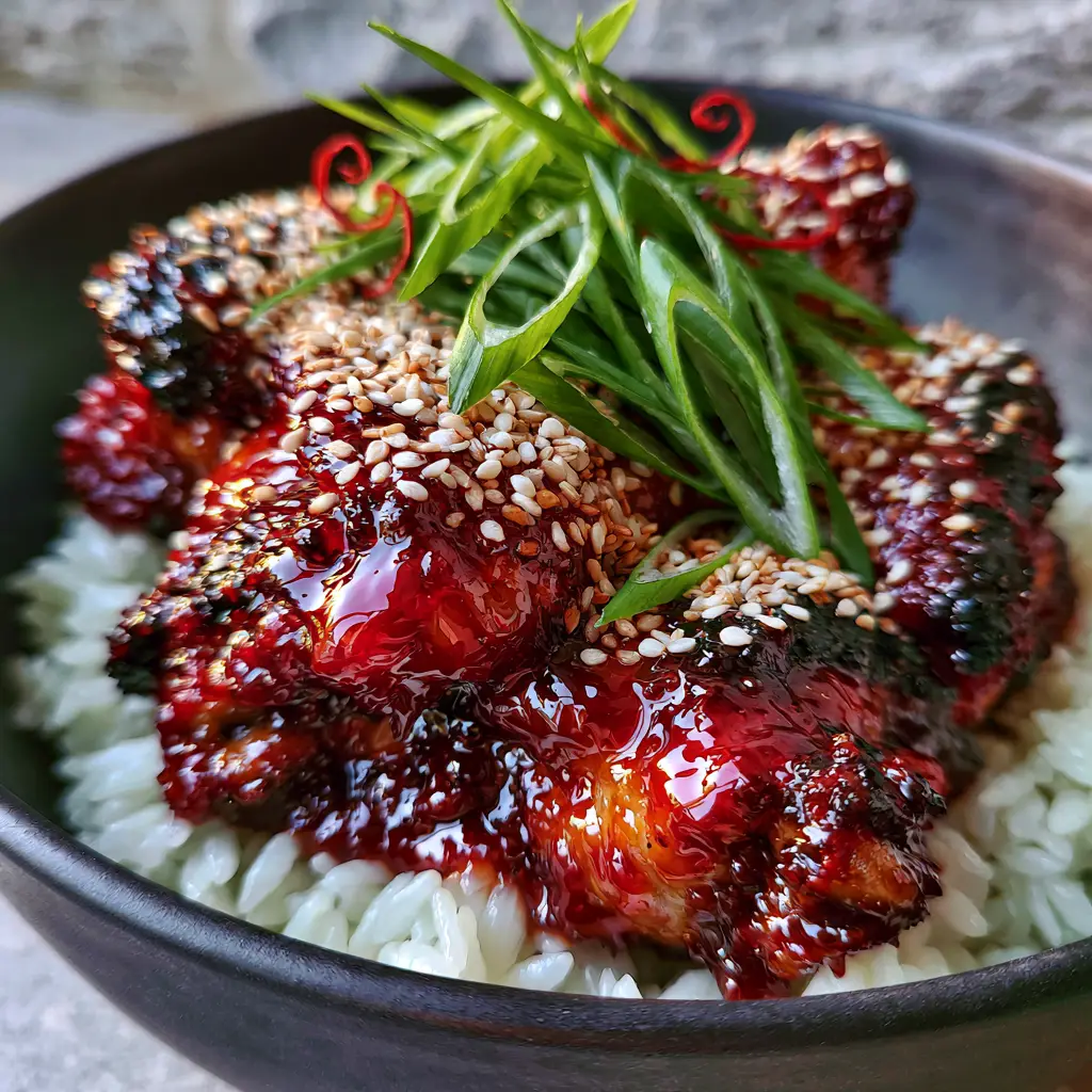 Sticky Honey Gochujang Chicken: The Ultimate 30-Minute Dinner 1 Sticky Honey Gochujang Chicken served in a matte-black bowl with green scallions and red chili curls garnish.