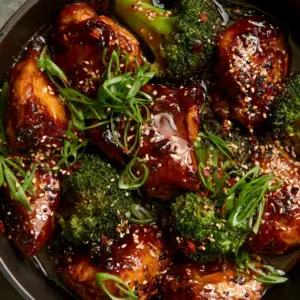 Close-up of seared chicken pieces drenched in a dark amber honey-soy glaze for Sesame Chicken and Broccoli.