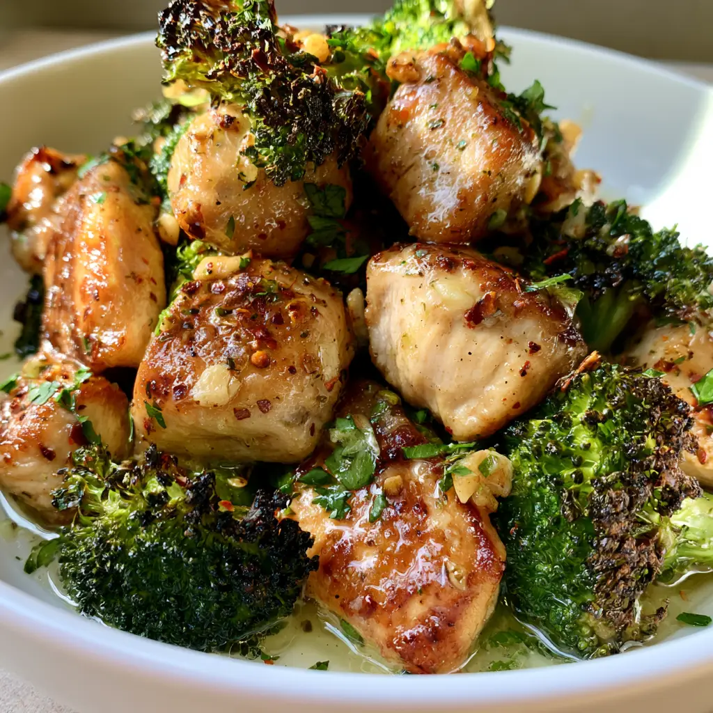 Air Fryer Chicken Bites and Broccoli with Garlic Butter 1 A shallow depth of field shot of Air Fryer Chicken Bites and Broccoli glistening under a garlic butter sauce with red pepper flakes.