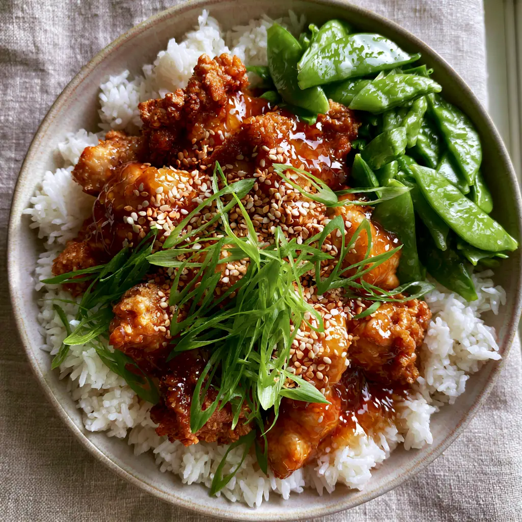 Sesame chicken recipe: Crispy Air-Fried Honey Garlic Perfection 1 Plated Sesame chicken recipe with fluffy jasmine rice and bright green steamed snap peas.