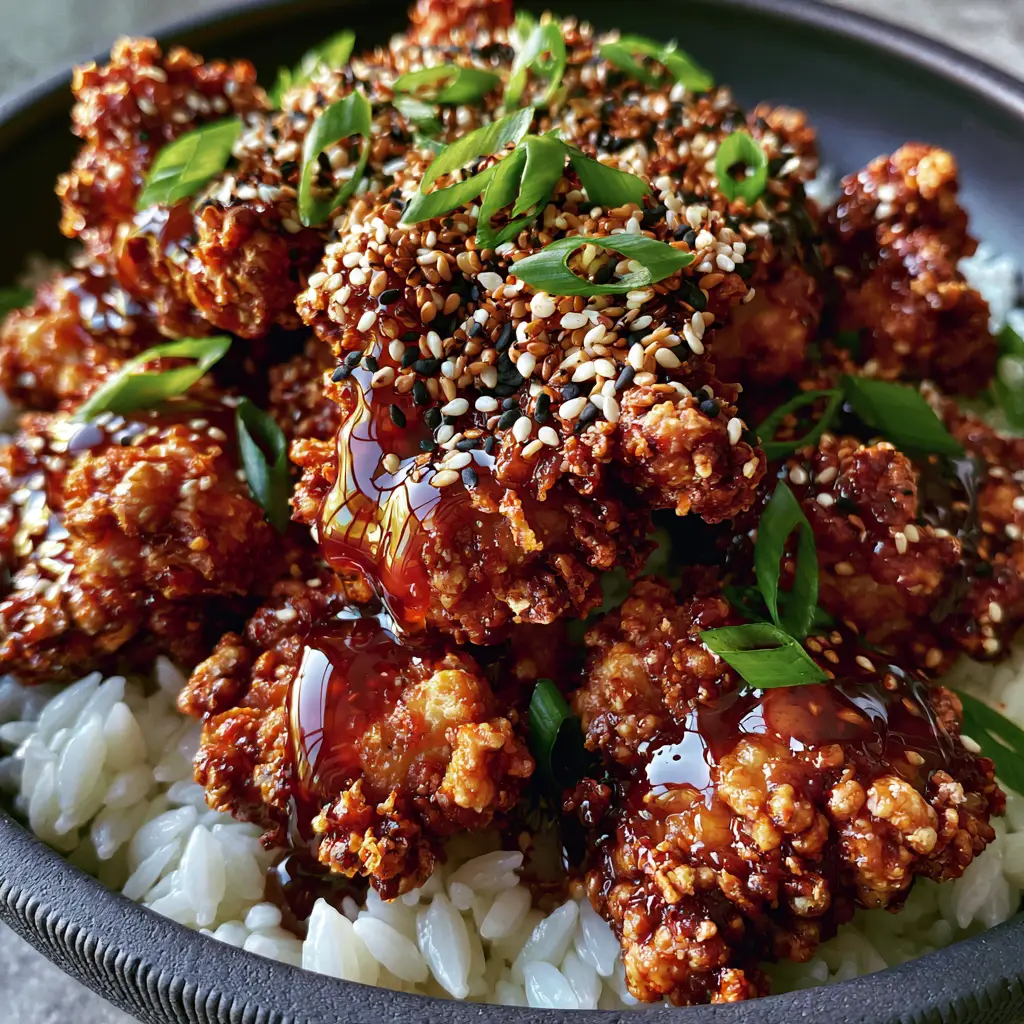 Crispy Asian Sesame Chicken: The Best Air Fryer Takeout Recipe 1 A close-up of Crispy Asian Sesame Chicken served in a dark stoneware bowl with black and white sesame seeds and bias-cut scallions.