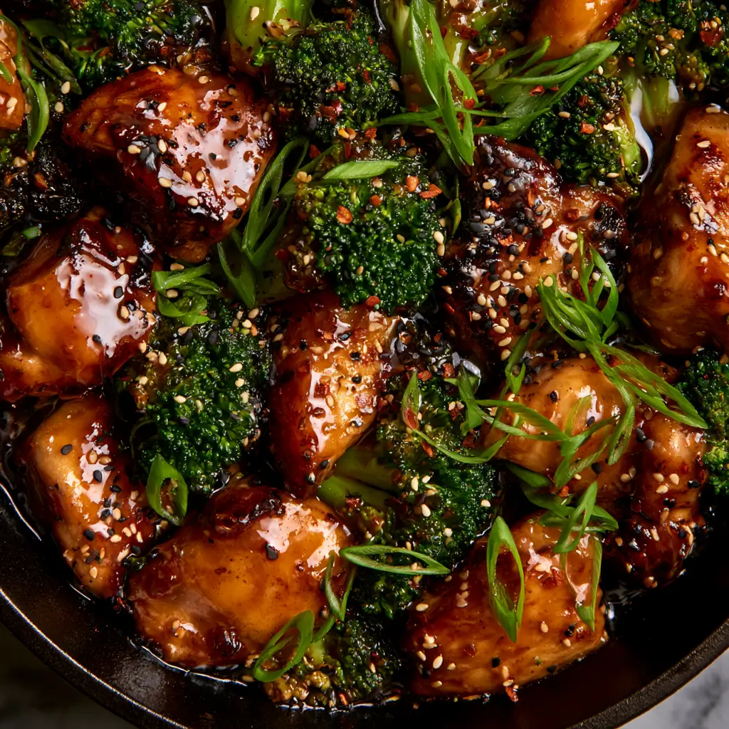 Sesame Chicken and Broccoli garnished with black and white sesame seeds and fresh scallions in a skillet.