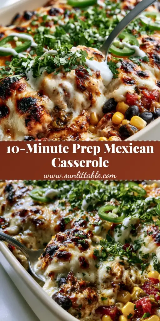 Mexican Chicken Casserole: The Ultimate Cheesy 30-Minute Dinner 3 A close-up POV of a bubbling Mexican chicken casserole in a cream dish with melted Monterey Jack and charred cheddar cheese spots.