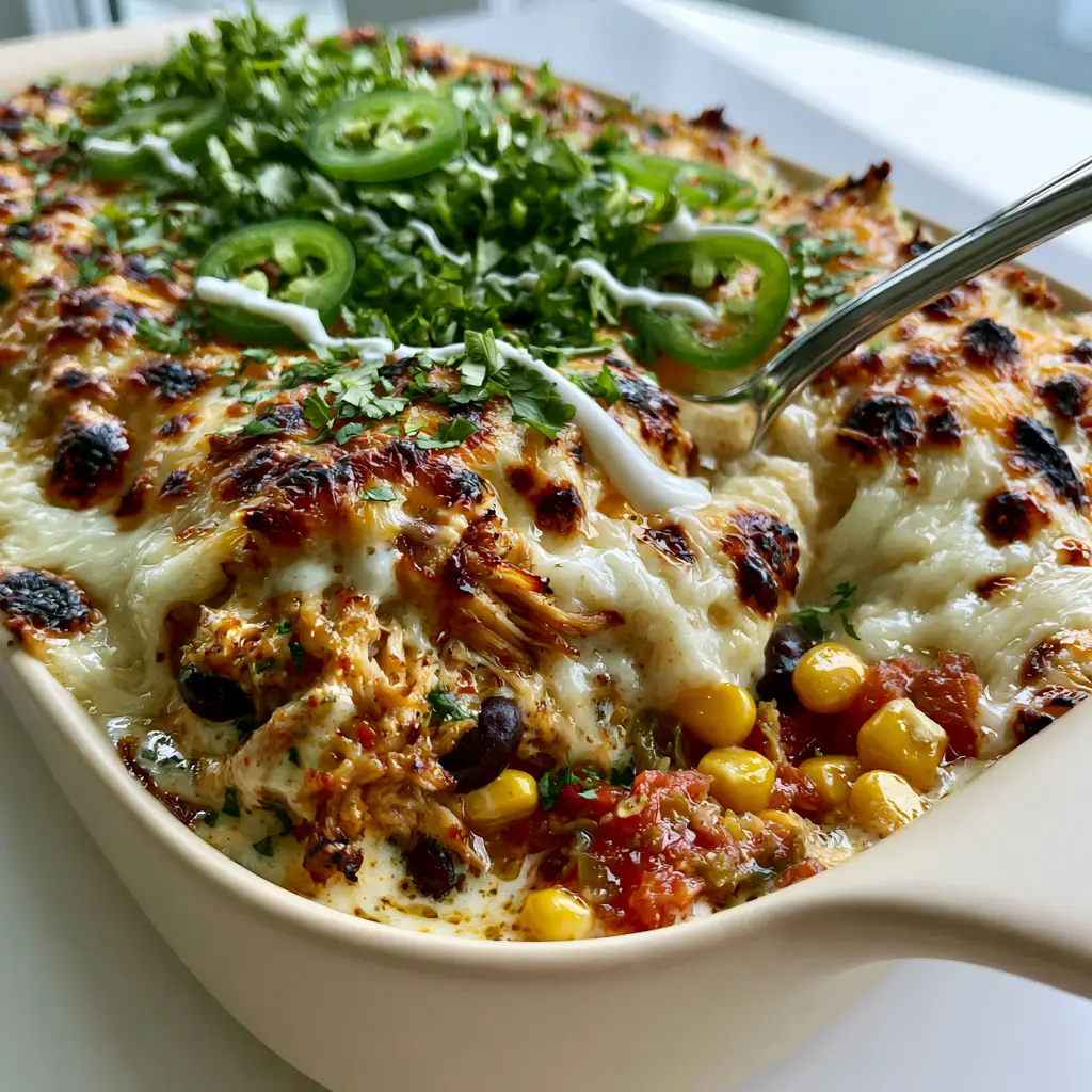 Mexican Chicken Casserole: The Ultimate Cheesy 30-Minute Dinner 2 Bubbling Mexican chicken casserole showing shredded rotisserie chicken, corn, and black beans under melted cheese.
