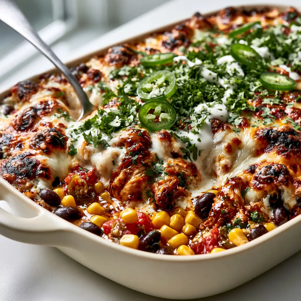 Mexican Chicken Casserole: The Ultimate Cheesy 30-Minute Dinner 1 Mexican chicken casserole garnished with cilantro, jalapeños, and a crema drizzle in a ceramic dish.