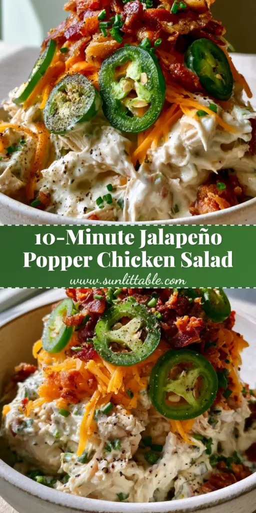 A close-up vertical shot of Jalapeño Chicken Salad topped with crispy bacon and fresh jalapeño rounds in a white bowl.