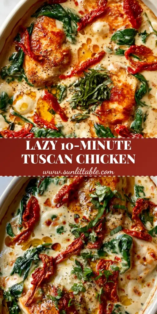 Tuscan Chicken Casserole: The Ultimate Creamy Garlic Parmesan Dinner 4 A rustic white ceramic baking dish filled with Tuscan chicken casserole, featuring golden-brown seared chicken and melted mozzarella bubbles.