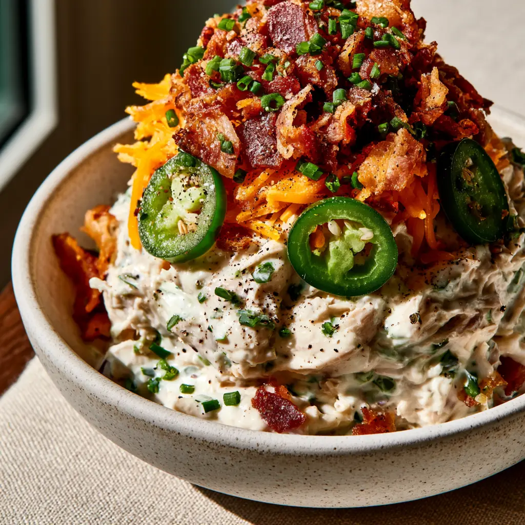 Overhead view of Jalapeño Chicken Salad featuring shredded orange cheddar and bright green jalapeños. (Jalapeño Chicken Salad)