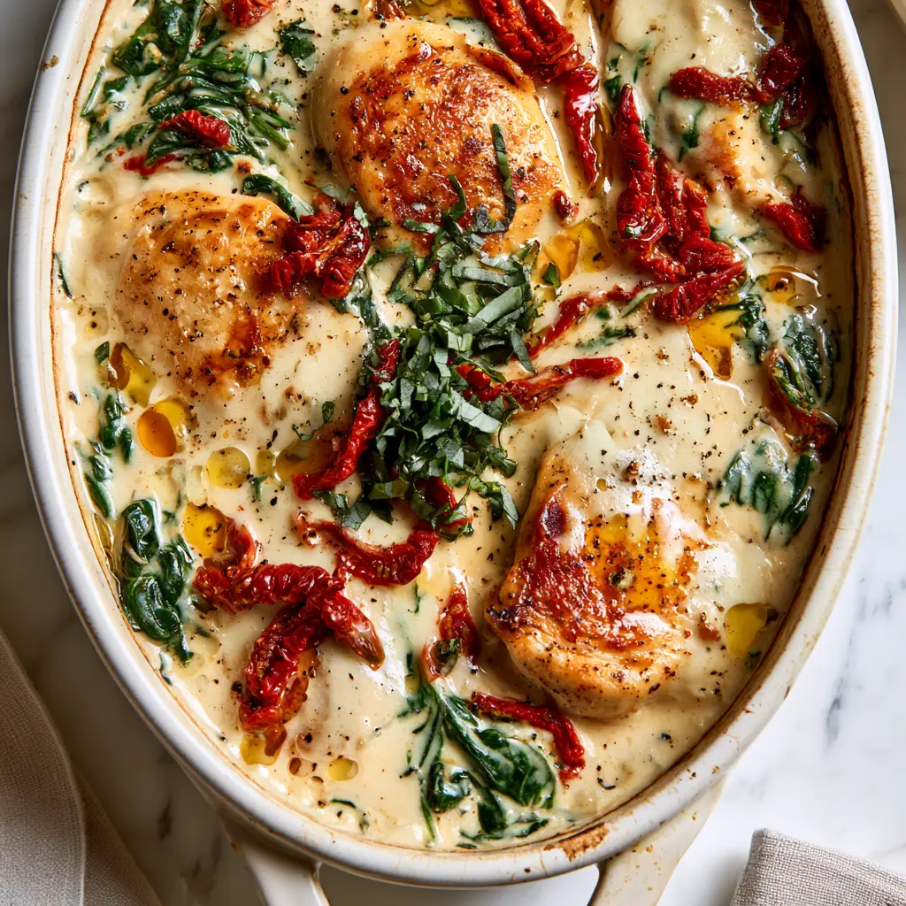 Tuscan Chicken Casserole: The Ultimate Creamy Garlic Parmesan Dinner 2 Top-down view of a creamy Tuscan chicken casserole with vibrant red sun-dried tomatoes and green spinach.
