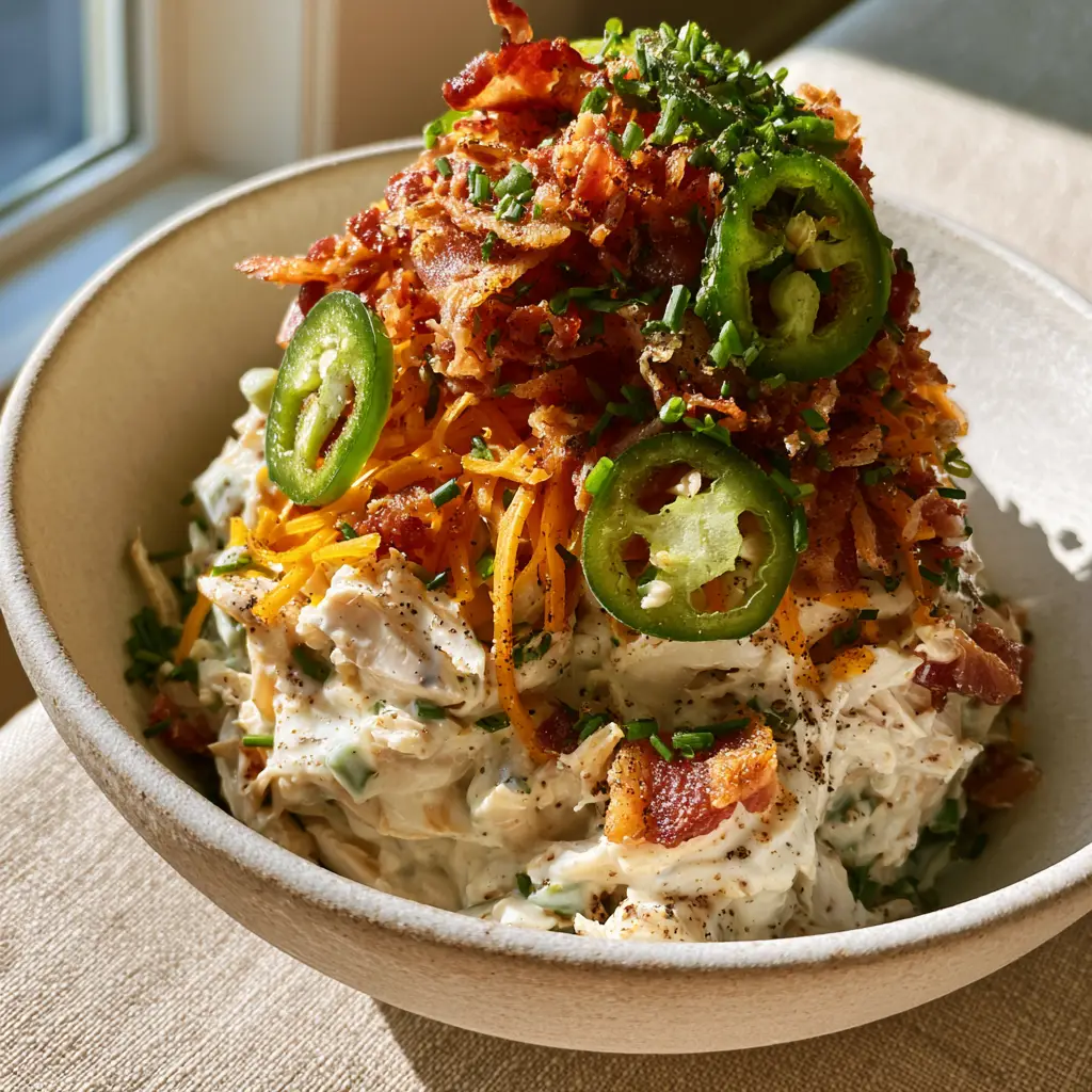 Close-up of the thick cream cheese dressing and crispy double-smoked bacon in the Jalapeño Chicken Salad.