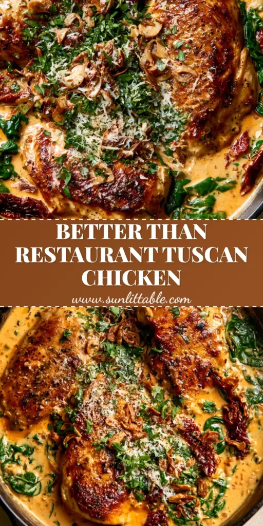 Tuscan Chicken with Creamy Garlic Sauce and Sun-Dried Tomatoes 3 A Pinterest-optimized pin showing a black skillet of Tuscan chicken with golden-brown breasts in a creamy orange-gold sauce with spinach and tomatoes.