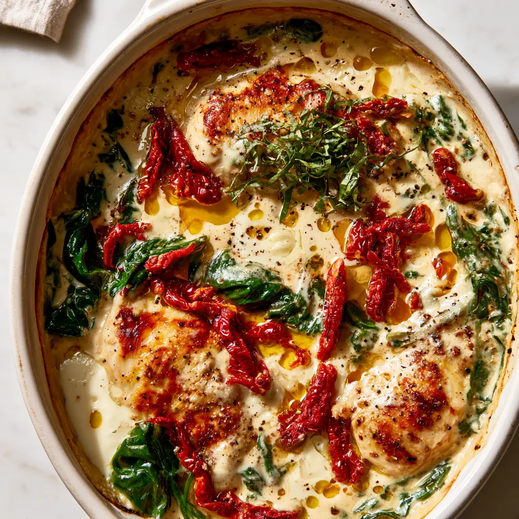 Tuscan Chicken Casserole: The Ultimate Creamy Garlic Parmesan Dinner 1 Close up of melted mozzarella cheese and fresh basil on top of a Tuscan chicken casserole.