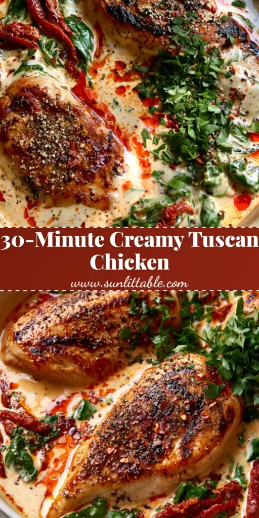 A high-angle close-up of Baked Tuscan Chicken in a cream ceramic skillet, featuring golden-brown chicken and ivory garlic sauce.