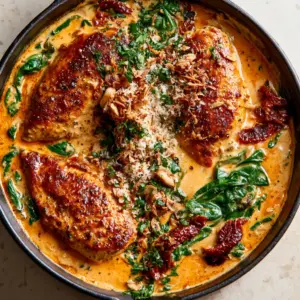 Top-down view of Tuscan chicken in a rustic cast iron skillet with toasted garlic slivers and vibrant green spinach.