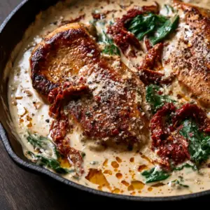 Macro close-up of low carb Tuscan chicken showing the bubbling cream sauce, red chili flakes, and emerald green spinach.