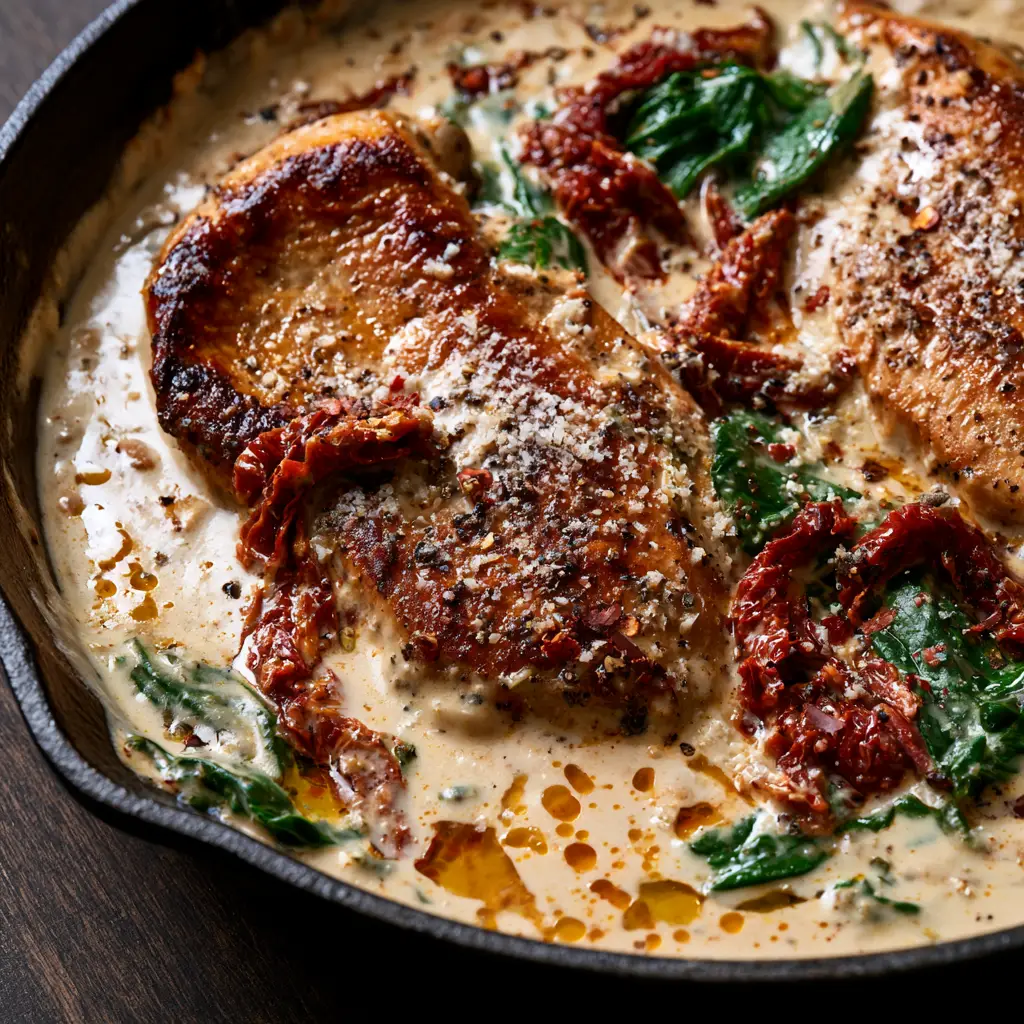 Macro close-up of low carb Tuscan chicken showing the bubbling cream sauce, red chili flakes, and emerald green spinach.