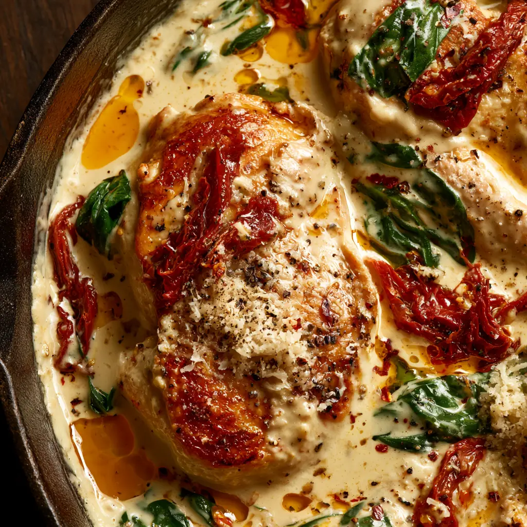 Overhead view of pan-seared chicken breasts in a cast iron skillet for low carb Tuscan chicken.