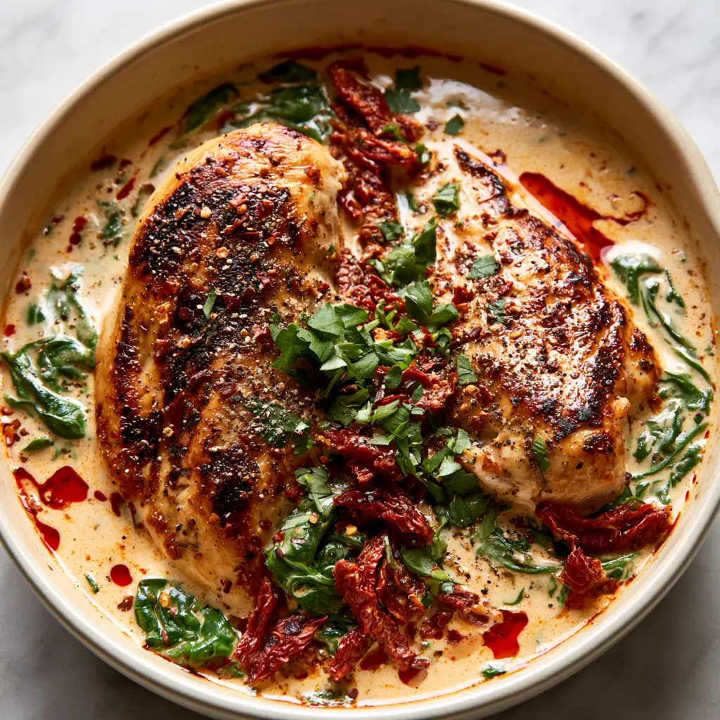 Rustic cream ceramic skillet filled with Baked Tuscan Chicken, wilted spinach, and julienned sun-dried tomatoes.