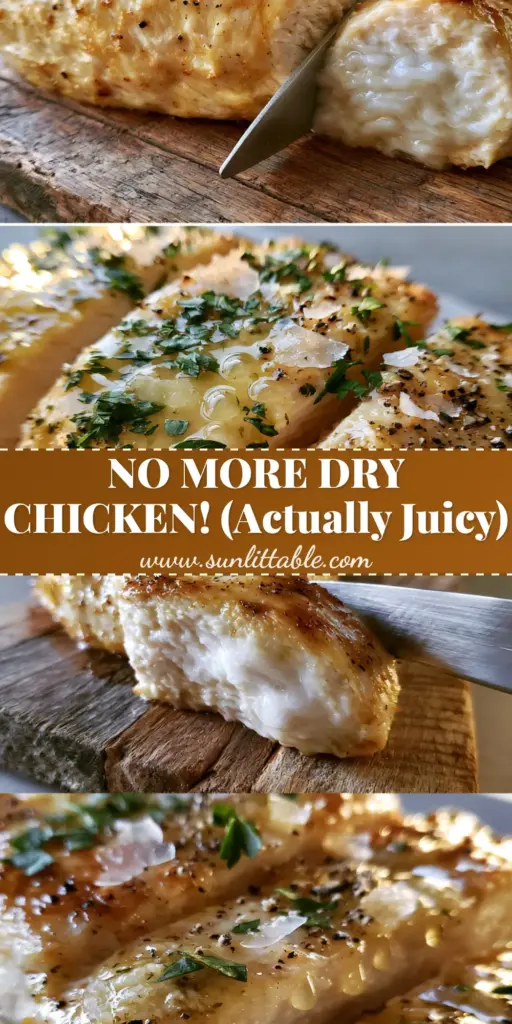 Baked Chicken: The Juiciest Garlic Herb Butter Recipe 3 A vertical split-screen showing a whole golden-brown seared baked chicken breast on a wooden board and a close-up of juicy slices glistening with garlic herb butter.